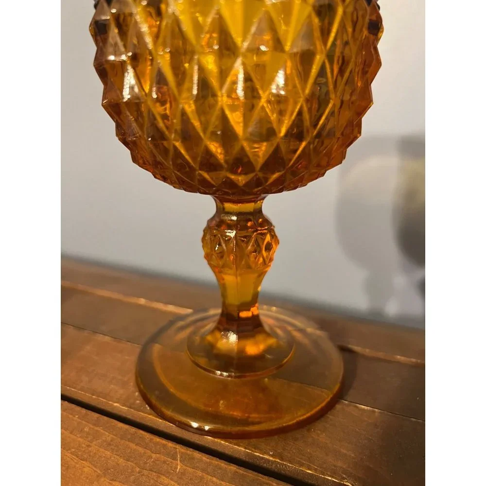 Vintage Indiana Glass Diamond Point‎ Goblet Amber Single, Replacements, MCM